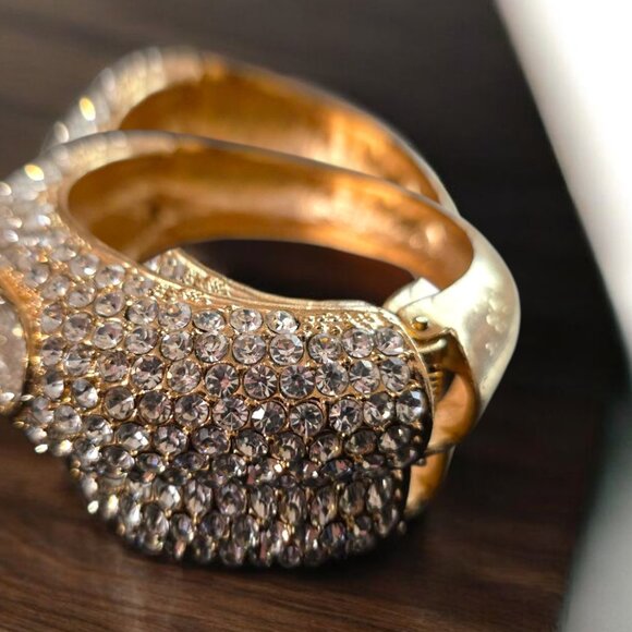 Elegant Gold-Finish Bangle Bracelet with Sparkling Crystal Rhinestones – Dressy - Picture 5 of 6